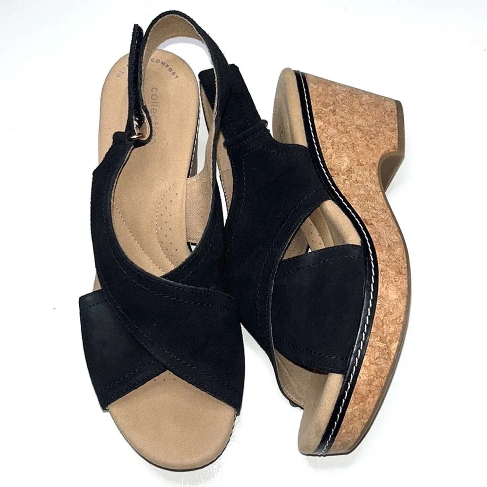 Clarks Black Suede Wedge Sandals Size 9 - Picture 3 of 12